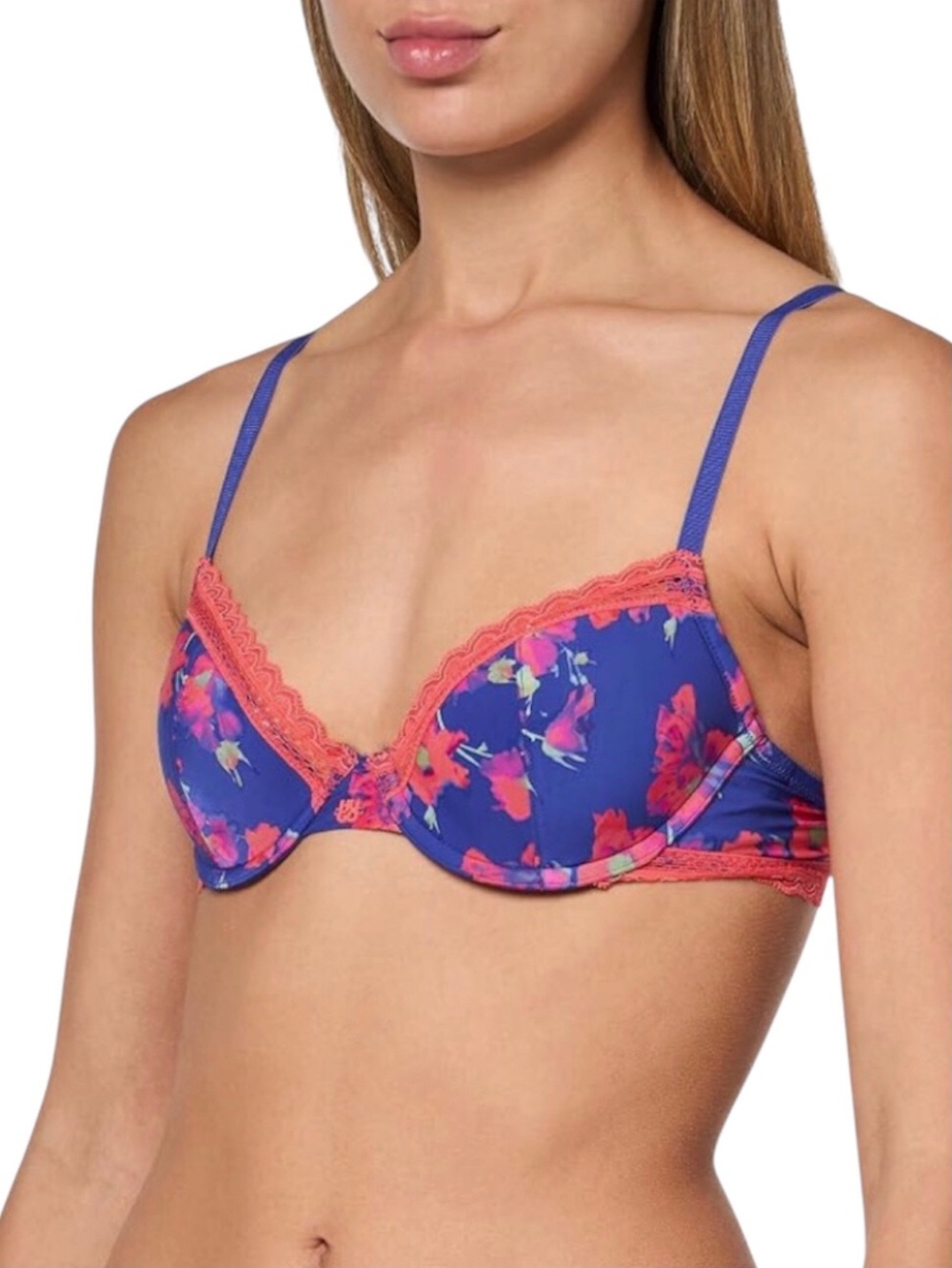 HUGO (Boss) Blue & Pink Floral Lace Logo Underwire Bra, 34B, NWT